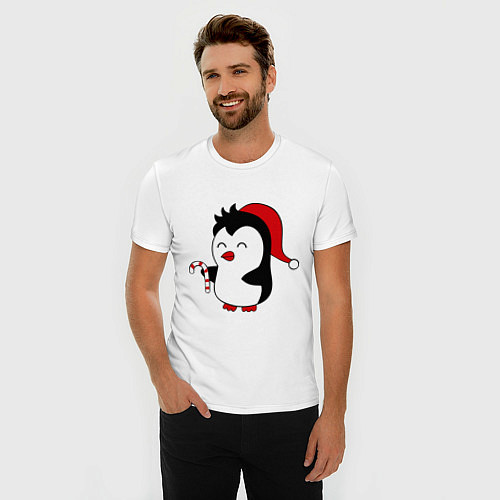 Мужская slim-футболка Новогодний пингвин / Белый – фото 3
