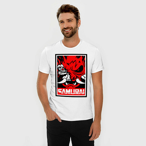 Мужская slim-футболка Cyberpunk 2077: Samurai Poster / Белый – фото 3