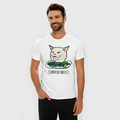 Мужская slim-футболка Woman yelling at a cat meme / Белый – фото 3