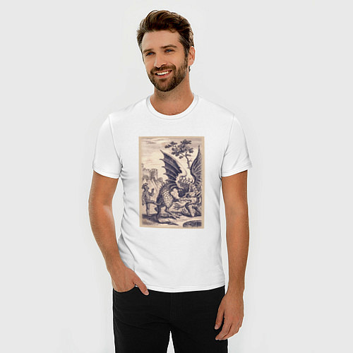 Мужская slim-футболка Рыцарь, пинающий Дракона баллада о рыцаре Джоне Ла / Белый – фото 3