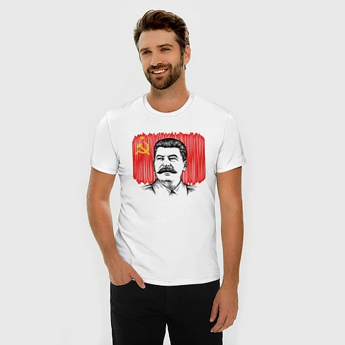 Мужская slim-футболка Сталин и флаг СССР / Белый – фото 3