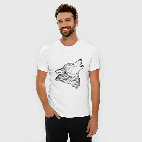 Мужская slim-футболка Поющий волк / Белый – фото 3