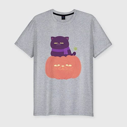 Мужская slim-футболка Хеллоуиновский кот / Меланж – фото 1