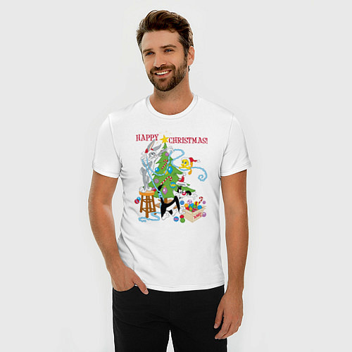 Мужская slim-футболка Happy Christmas! / Белый – фото 3