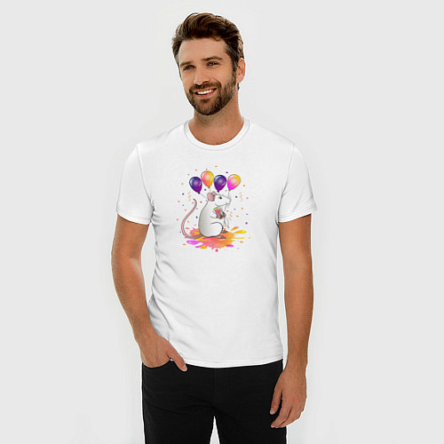 Мужская slim-футболка Мышь с шариками и подарком / Белый – фото 3