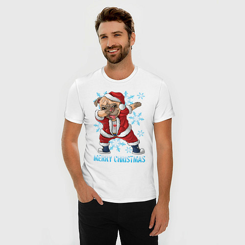 Мужская slim-футболка Мопс Санта Клаус / Белый – фото 3