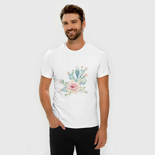 Мужская slim-футболка Цветущий кактус акварель / Белый – фото 3