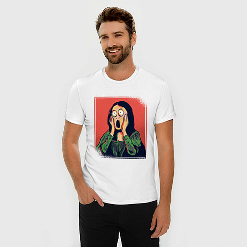 Мужская slim-футболка Мона Лиза Крик Мунка пародия / Белый – фото 3