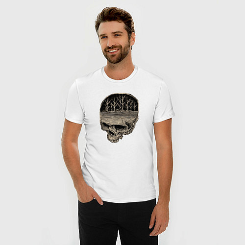 Мужская slim-футболка Череп Земля и Деревья / Белый – фото 3