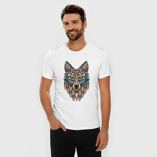 Мужская slim-футболка Волк орнамент / Белый – фото 3