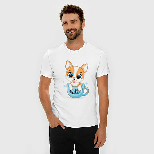 Мужская slim-футболка Собачка в кружке hello / Белый – фото 3