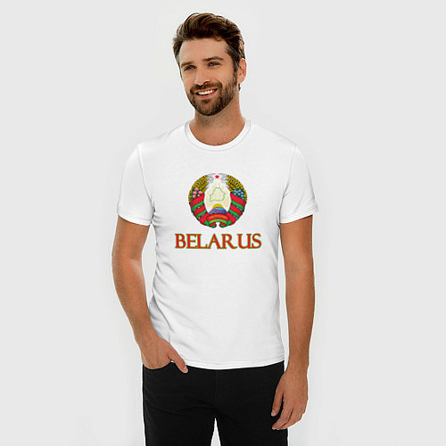 Мужская slim-футболка Герб Belarus / Белый – фото 3