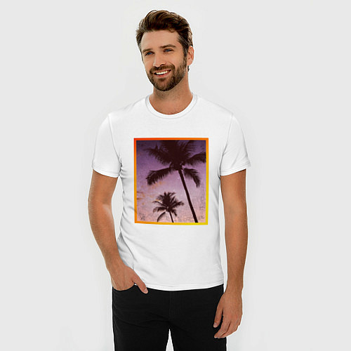 Мужская slim-футболка Пальмы закат рамка / Белый – фото 3