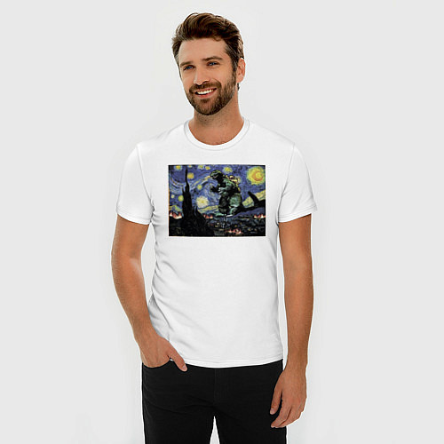 Мужская slim-футболка Годзилла Ван Гога / Белый – фото 3