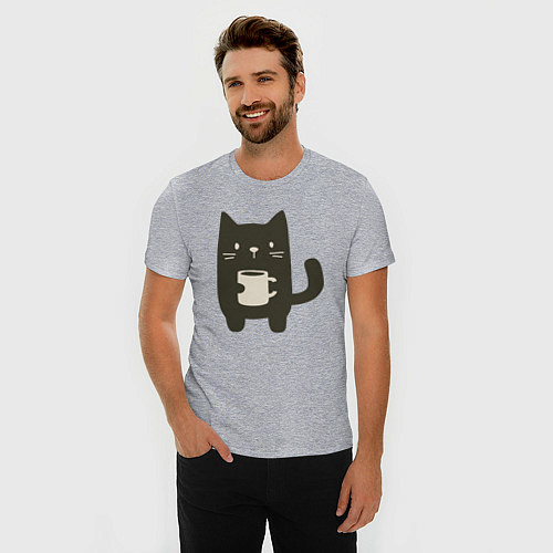 Мужская slim-футболка Котик с кружкой / Меланж – фото 3