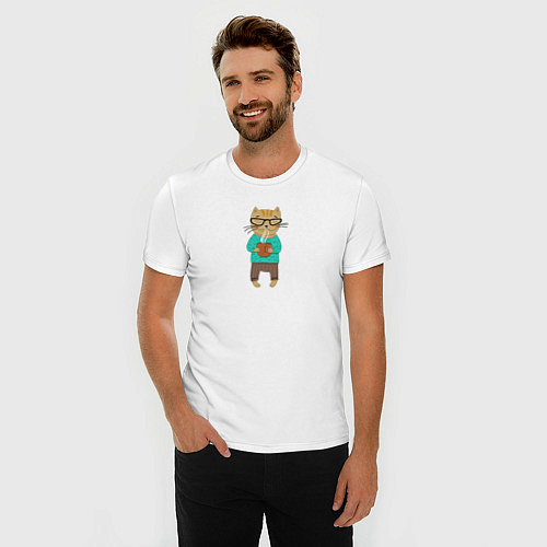 Мужская slim-футболка Кот с кружкой / Белый – фото 3