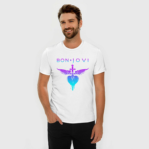 Мужская slim-футболка BON JOVI NEON LOGO HEART / Белый – фото 3