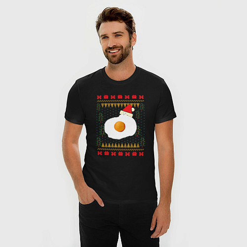 Мужская slim-футболка Рождественский свитер Кот-яичница / Черный – фото 3