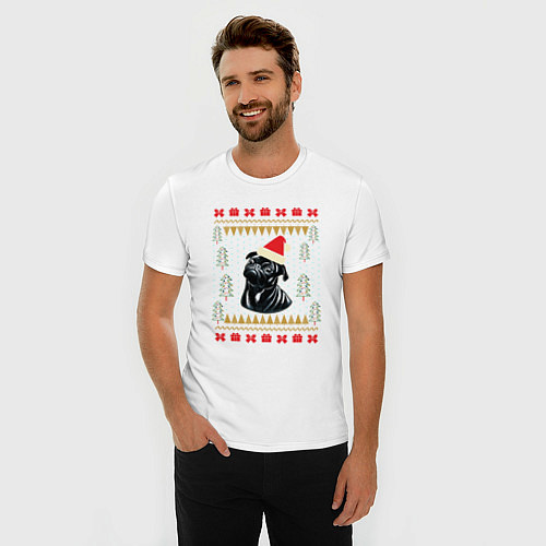 Мужская slim-футболка Рождественский свитер Черный мопс / Белый – фото 3