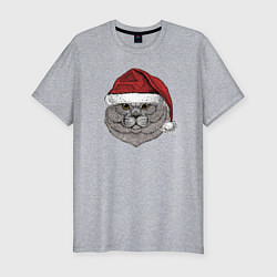 Футболка slim-fit Новогодний котик в шапке, цвет: меланж