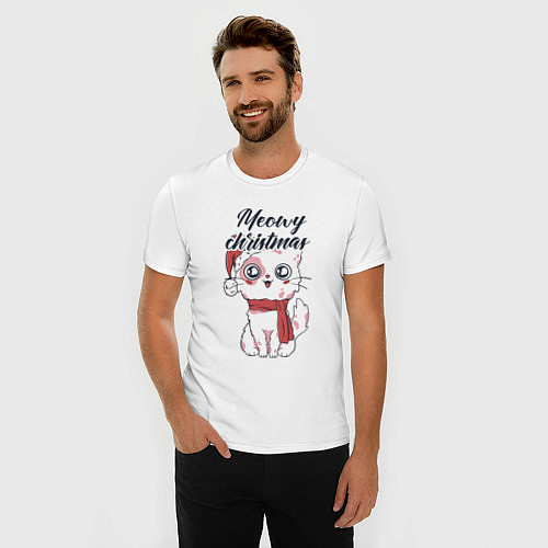 Мужская slim-футболка Christmas Cat / Белый – фото 3