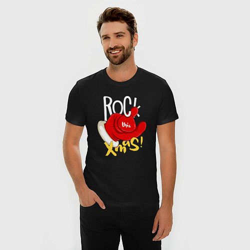 Мужская slim-футболка Red mittens Rock this xmas / Черный – фото 3