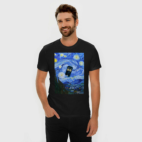 Мужская slim-футболка Тардис в Звездной Ночи / Черный – фото 3