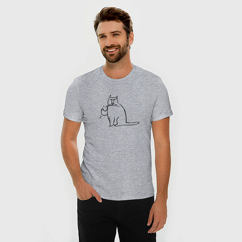 Мужская slim-футболка Кот с пальцем в верх / Меланж – фото 3