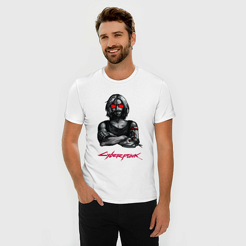 Мужская slim-футболка Джонни в красных очках Cyberpunk 2077 / Белый – фото 3