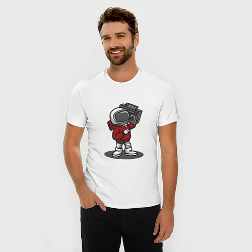 Мужская slim-футболка Космонавт с магнитофоном / Белый – фото 3