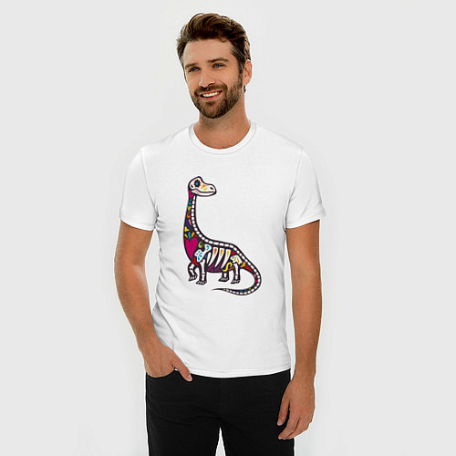 Мужская slim-футболка Разноцветный скелет динозавра / Белый – фото 3
