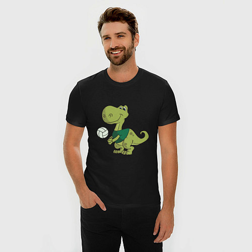 Мужская slim-футболка Volleyball Dinosaur / Черный – фото 3