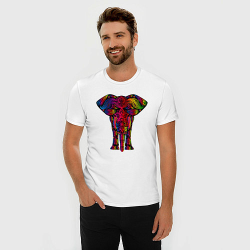 Мужская slim-футболка Психоделически раскрашенный слон / Белый – фото 3