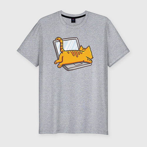 Мужская slim-футболка Котик лежит на ноутбуке / Меланж – фото 1