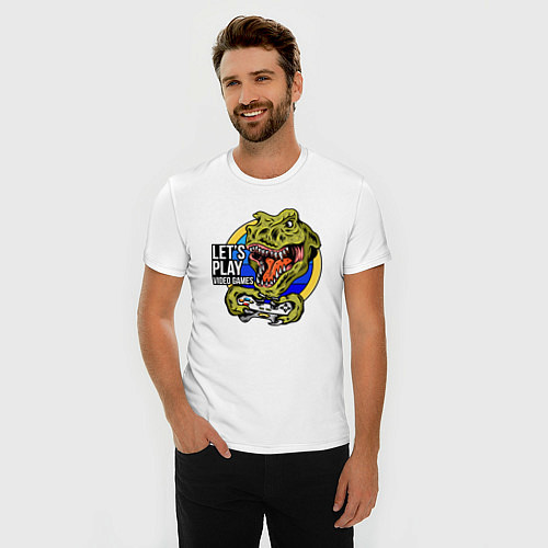 Мужская slim-футболка Lets play video games! Dinosaur / Белый – фото 3