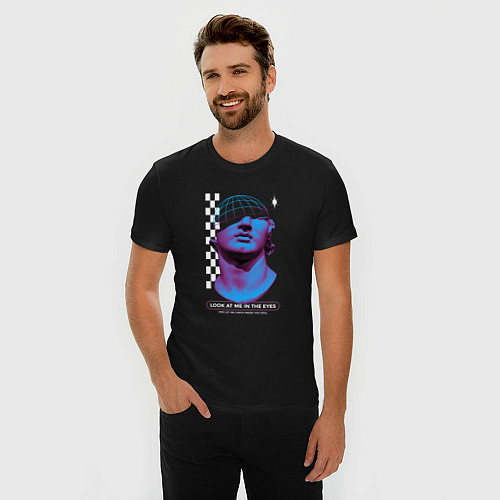 Мужская slim-футболка Vaporwave Wireframe David Statue / Черный – фото 3