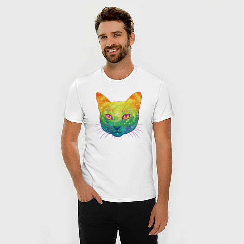 Мужская slim-футболка Радужный котик rainbow cat / Белый – фото 3