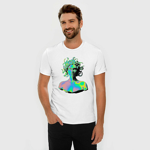 Мужская slim-футболка Gorgon Medusa Vaporwave Neon / Белый – фото 3