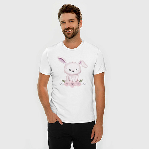 Мужская slim-футболка Милый Крольчонок С Цветами / Белый – фото 3