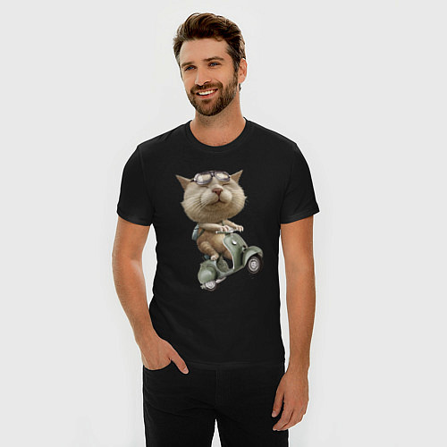 Мужская slim-футболка Крутой котяра на скутере / Черный – фото 3