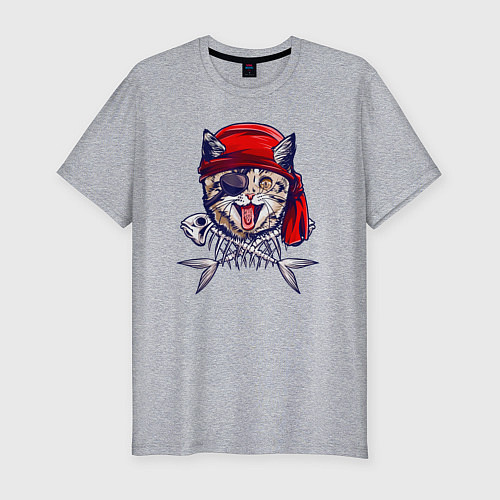 Мужская slim-футболка Кот пират и рыбьи кости / Меланж – фото 1