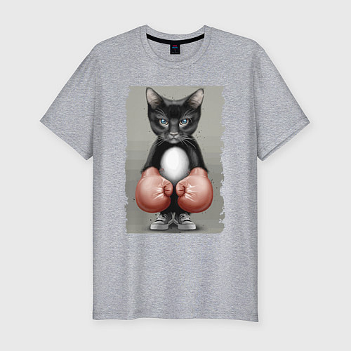 Мужская slim-футболка Крутой котяра в боксёрских перчатках Cool cat in b / Меланж – фото 1