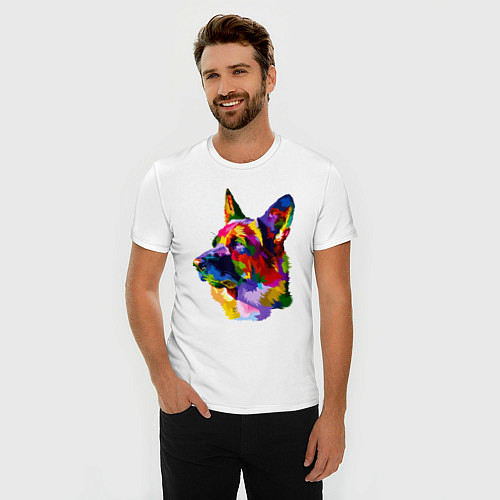 Мужская slim-футболка Немецкие овчарки красочная голова / Белый – фото 3