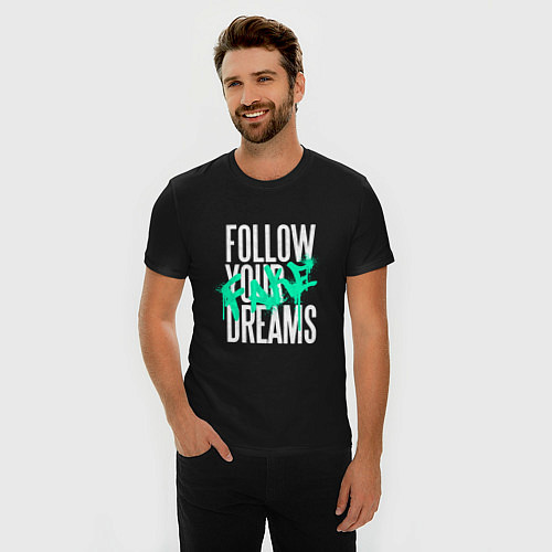 Мужская slim-футболка Follow Your Fake Dreams / Черный – фото 3