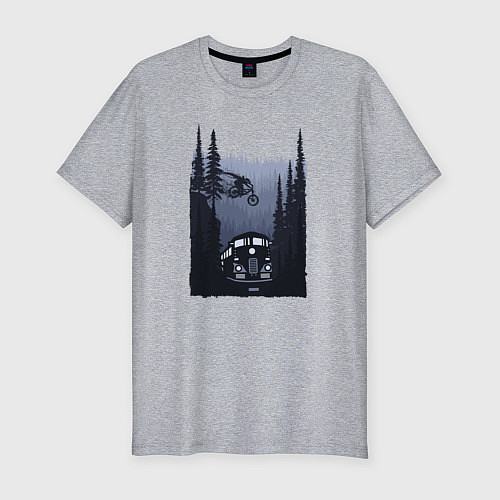 Мужская slim-футболка Over the train in the forest / Меланж – фото 1