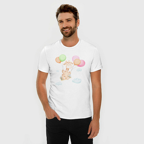 Мужская slim-футболка Милый Жирафик На Качелях Из Воздушных Шариков / Белый – фото 3