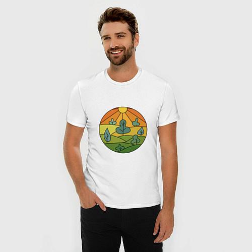 Мужская slim-футболка Поле деревья солнце / Белый – фото 3