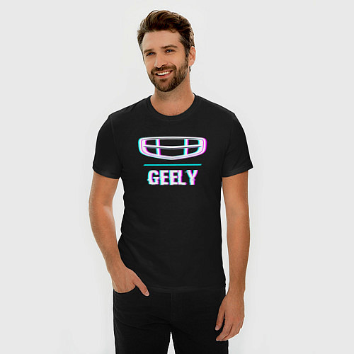 Мужская slim-футболка Значок Geely в стиле Glitch / Черный – фото 3