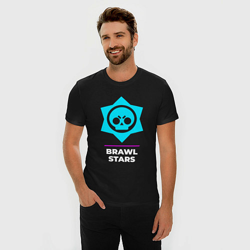 Мужская slim-футболка Символ Brawl Stars в неоновых цветах / Черный – фото 3