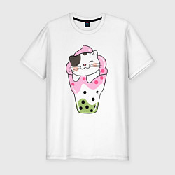 Футболка slim-fit Довольный котик в мороженом, цвет: белый
